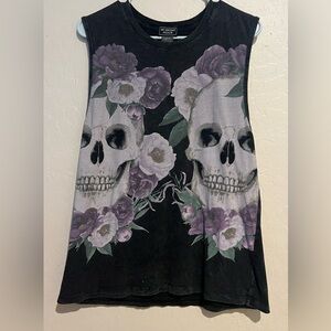 Midnight Hour Skull Floral Tank Top•Goth Grunge Sleeveless Tee•Black Purple Rose